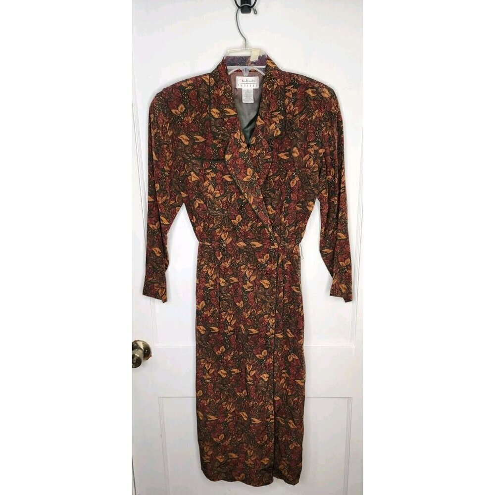 Vtg Talbots Petites Sz 8 100% Silk Cottage Witchy Faux Wrap Dress Fall Floral